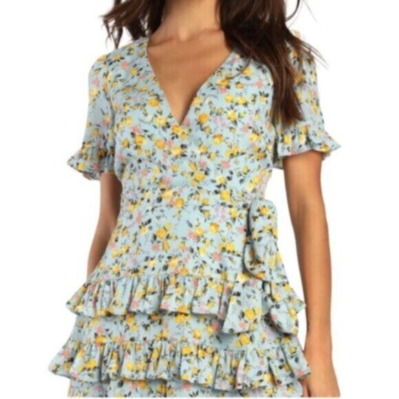 NWT Lulu’s | Feeling Butterflies Light Blue Floral Tiered Mini Dress Size Large - Picture 2 of 15